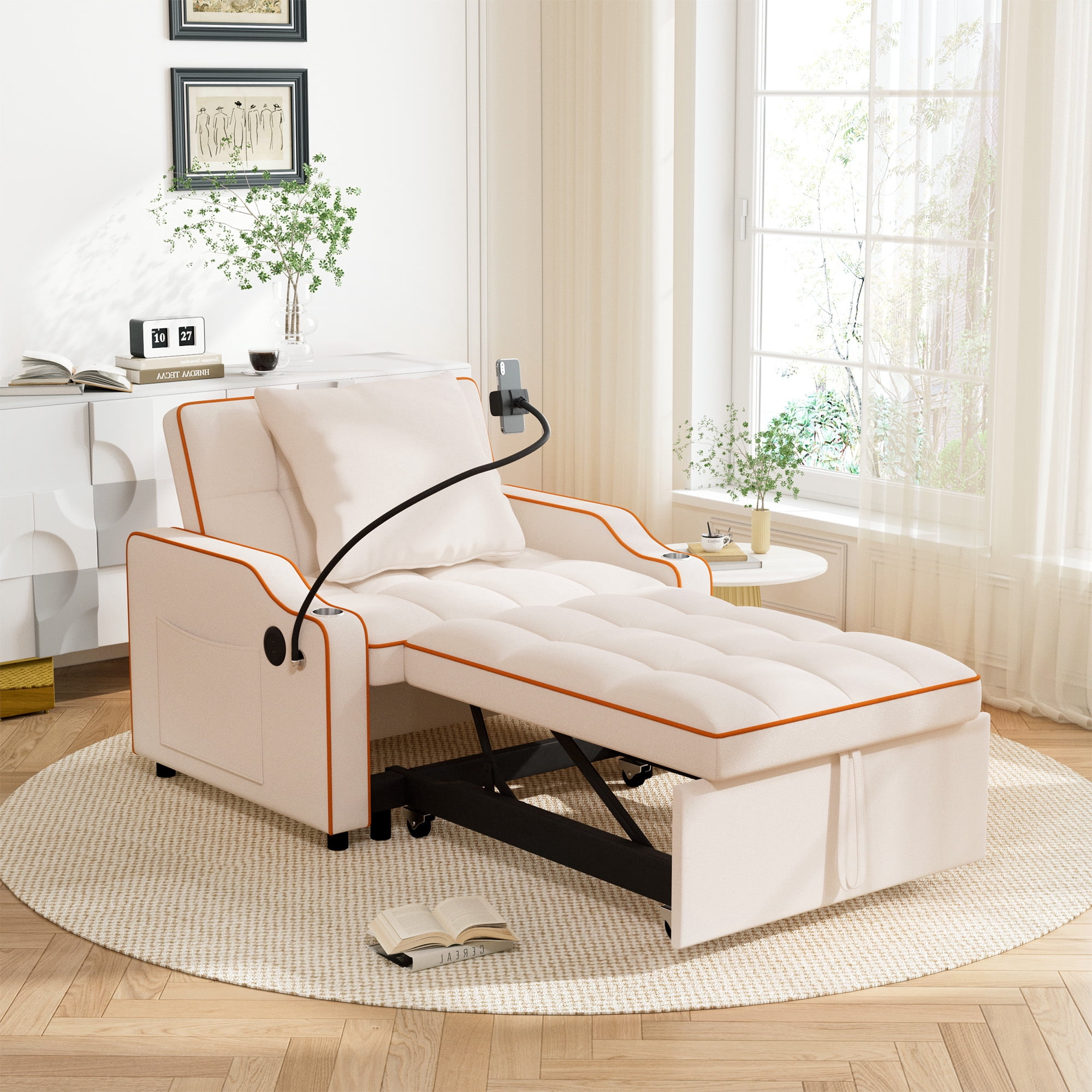 Muumblus 3-in-1 Convertible Sleeper Sofa Chair Bed with USB Port, Cup Holders, Beige Velvet
