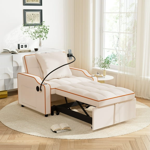Muumblus 3-in-1 Convertible Sleeper Sofa Chair Bed with USB Port, Cup Holders, Beige Velvet