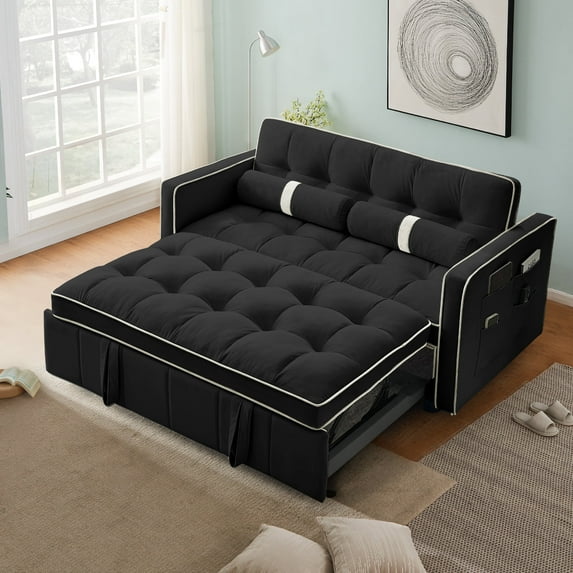 Muumblus Small Foldable Loveseat, 2 Seater Convertible Futon Sofa Bed, Adjustable Backrest, Velvet Couch, Black