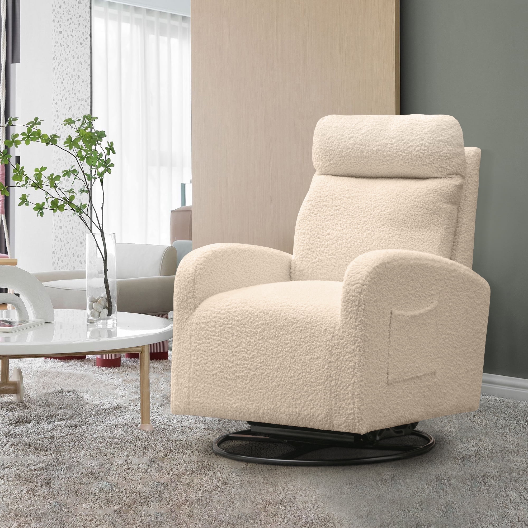 Lunale Teddy Swivel Glider Rocking Chair for Baby Nursery, Indoor, Beige