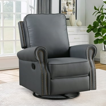 Muumblus Swivel Rocker Recliner for Adult, Faux Leather Upholstered Glider Rocking Chair for Living Room, Gray