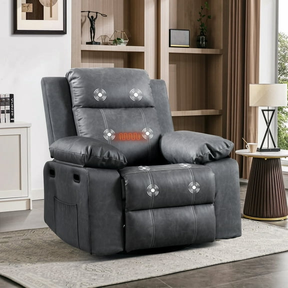 Muumblus Swivel Rocker Recliner with Heat and Massage, Power Recliner Lounge Chair for Living Room, Gray Faux Leather