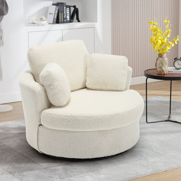 Muumblus Teddy Oversized Swivel Accent Chair Barrel Chair, 42.1" W Comfy Large Armchair with Pillows, Modern Leisure Sofa Chair for Living Room Bedroom, Ivory