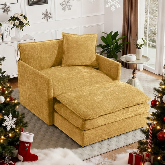 Muumblus Oversized Lounge Chair with Ottoman, Plush Cloud Accent Armchair for Living Room, Bedroom, Yellow Chenille