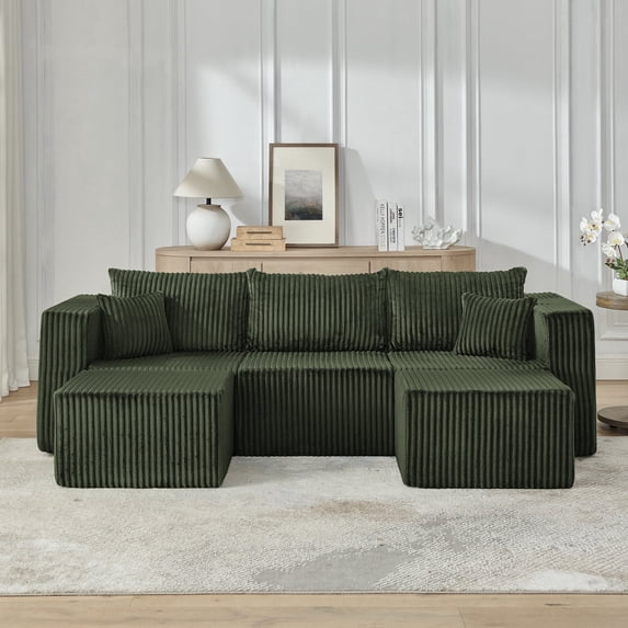 Muumblus U-Shaped Modular Sectional Sofa with 2 Movable Ottomans, Boneless Cloud Couch, No Assembly Sofa Set for Small Spaces, Living Room, Green Corduroy