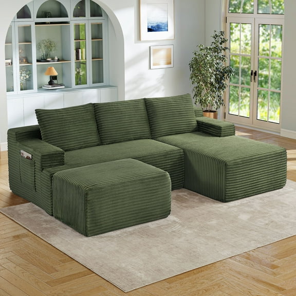 Muumblus U-Shaped Modular Sectional Sofa with Chaise and Movable Ottoman, No Assembly Boneless Corduroy Cloud Couch，Deep Seat Sleeper Living Room Furniture, Green（Right Facing Chaise）