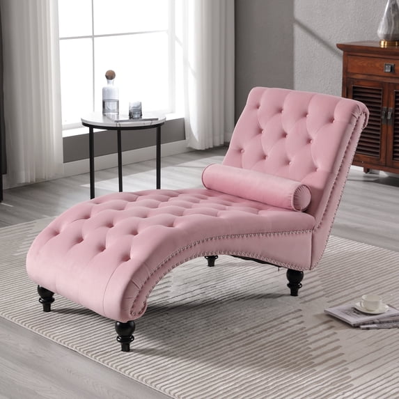 Muumblus Upholstered Chaise Lounge Indoor, Tufted Velvet Accent Chair with Wood Legs, Pink