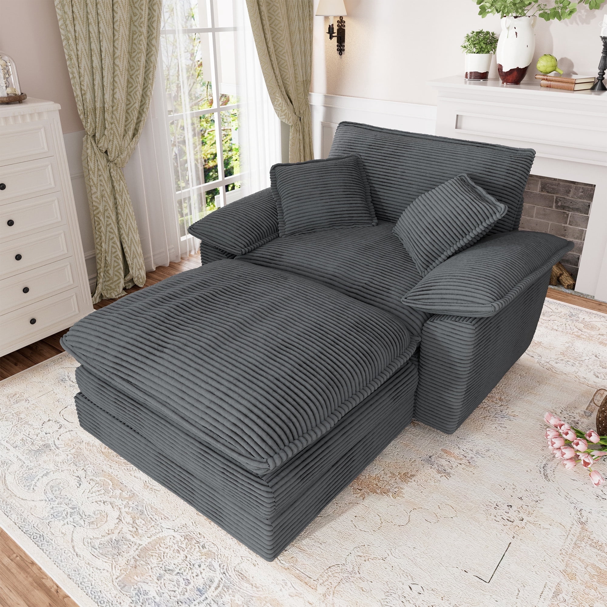 Muumblus Oversized Accent Chair with Ottoman, 48" Indoor Chaise Lounge Cloud Sofa Reading Armchair for Modern Living Room, Bedroom, Gray Corduroy
