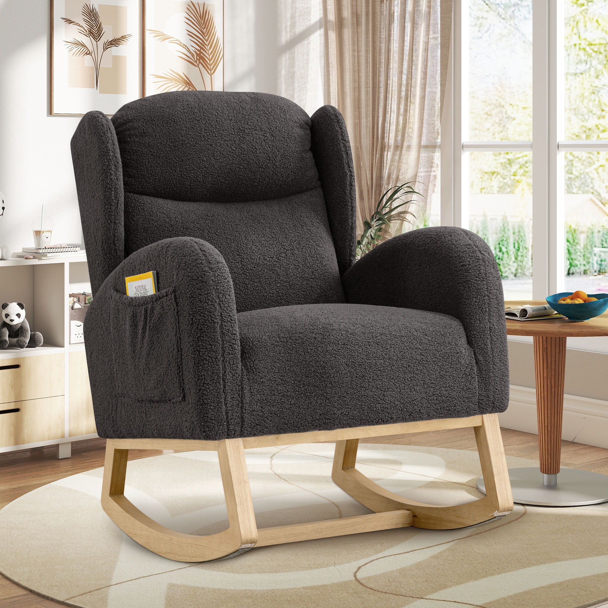 Muumblus Nursery Rocking Chair, Wingback Glider Rocker, Indoor Uphlostered Rocking Chair, Gray Teddy