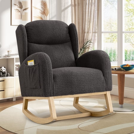 Muumblus Nursery Rocking Chair, Wingback Glider Rocker, Indoor Uphlostered Rocking Chair, Gray Teddy