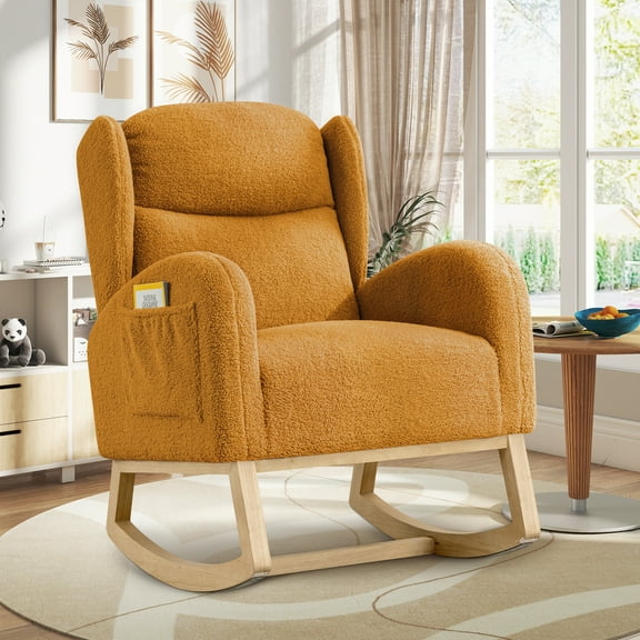Muumblus Nursery Rocking Chair, Wingback Glider Rocker, Indoor Uphlostered Rocking Chair, Yellow Teddy