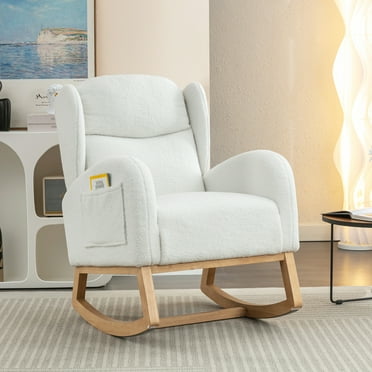 Muumblus Nursery Rocking Chair, Wingback Glider Rocker, Indoor Uphlostered Rocking Chair, Ivory Teddy