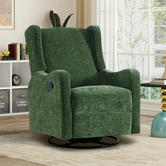 Muumblus Wingback Swivel Recliner, Glider Rocking Chair for Living Room, Nursery Rocker, Green Chenille