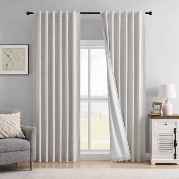 Muuphra Modern Farmhouse 100% Blackout Heading Tape Ring Clips Back Tab Linen Blend Curtains for Living Room,2 Panels,Beige White,52×63 inches
