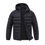 Men's Puffer Jacket Hooded Windproof Full Zip Casual Coat Warm Water Resistant Jacket Lightweight Winter Outerwear Black-L