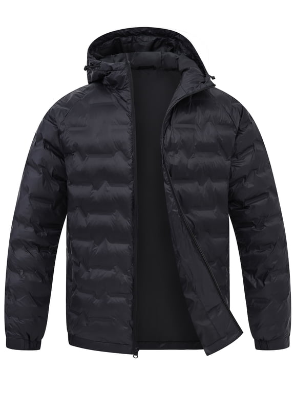 Men's Puffer Jacket Hooded Windproof Full Zip Casual Coat Warm Water Resistant Jacket Lightweight Winter Outerwear Black-L