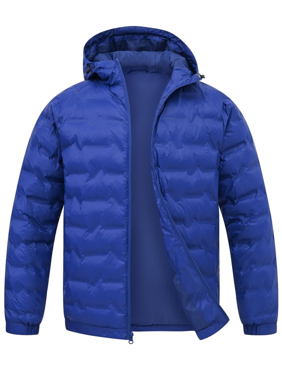 Men's Puffer Jacket Hooded Windproof Full Zip Casual Coat Warm Water Resistant Jacket Lightweight Winter Outerwear Blue-L