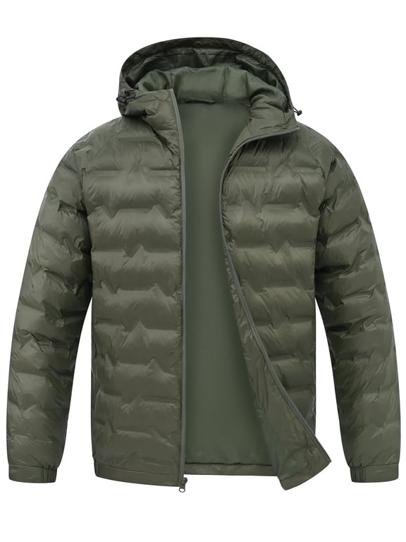 Men's Puffer Jacket Hooded Windproof Full Zip Casual Coat Warm Water Resistant Jacket Lightweight Winter Outerwear Green-XL