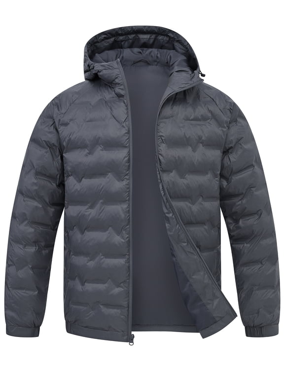 Men's Puffer Jacket Hooded Windproof Full Zip Casual Coat Warm Water Resistant Jacket Lightweight Winter Outerwear Grey-XL
