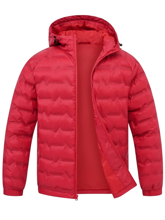 Men's Puffer Jacket Hooded Windproof Full Zip Casual Coat Warm Water Resistant Jacket Lightweight Winter Outerwear Red-S