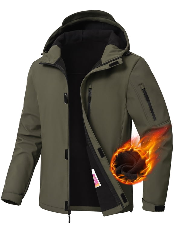 Men's Hooded Softshell Jacket Fleece Lined Waterproof Hooded Soft Lightweight Windbreaker Shell Jacket Outdoor Hiking Rain Jacket Army-S