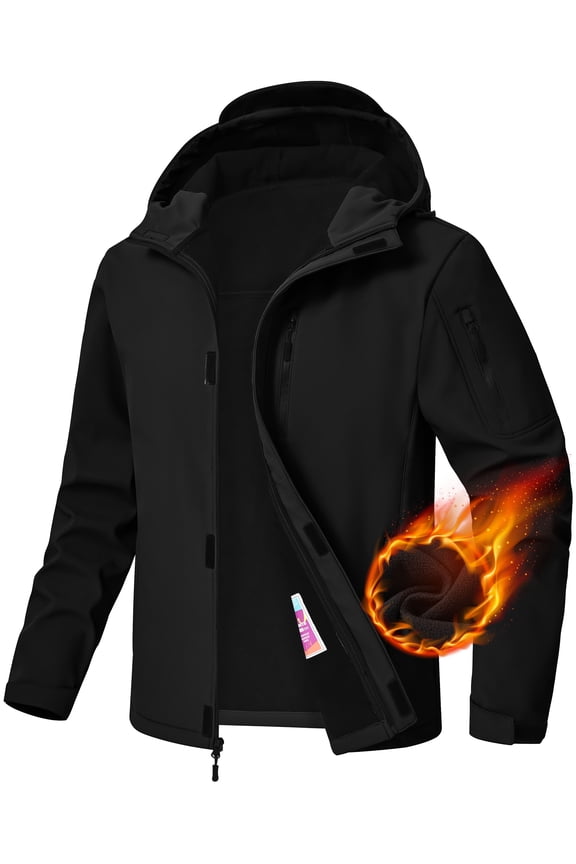 Men's Hooded Softshell Jacket Fleece Lined Waterproof Hooded Soft Lightweight Windbreaker Shell Jacket Outdoor Hiking Rain Jacket Black-L