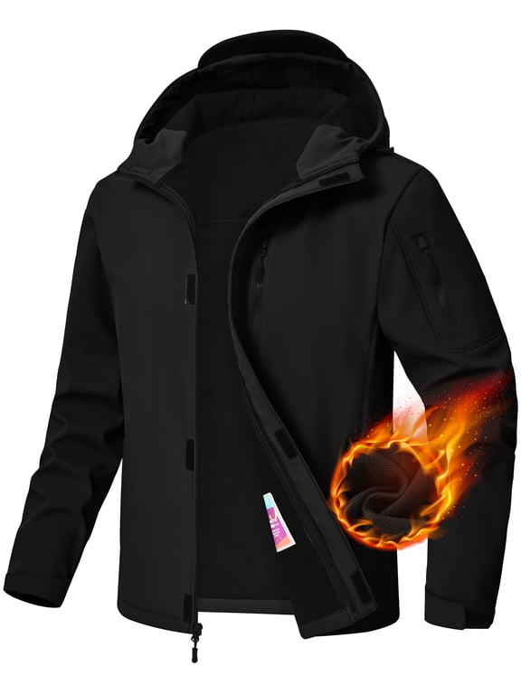 Men's Hooded Softshell Jacket Fleece Lined Waterproof Hooded Soft Lightweight Windbreaker Shell Jacket Outdoor Hiking Rain Jacket Black-M
