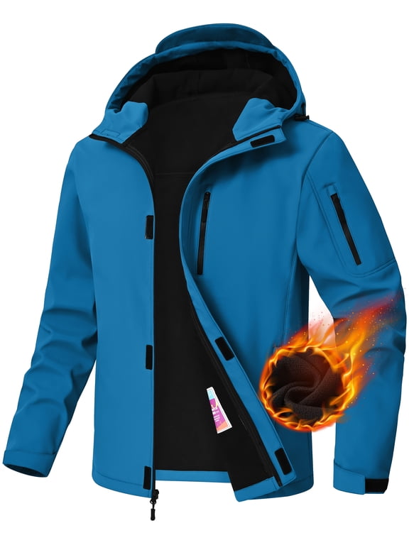 Men's Hooded Softshell Jacket Fleece Lined Waterproof Hooded Soft Lightweight Windbreaker Shell Jacket Outdoor Hiking Rain Jacket Blue-2XL