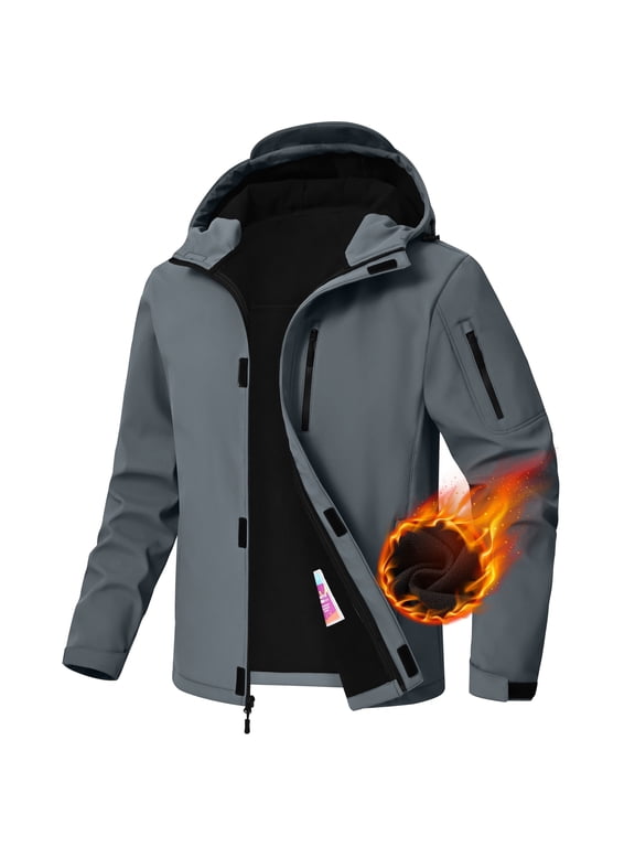Men's Hooded Softshell Jacket Fleece Lined Waterproof Hooded Soft Lightweight Windbreaker Shell Jacket Outdoor Hiking Rain Jacket Grey-M