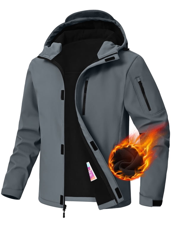 Men's Hooded Softshell Jacket Fleece Lined Waterproof Hooded Soft Lightweight Windbreaker Shell Jacket Outdoor Hiking Rain Jacket Grey-XL