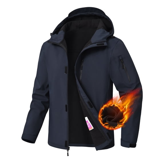 Muvtei Men's Hooded Softshell Jacket Fleece Lined Waterproof Hooded Soft Lightweight Windbreaker Shell Jacket Outdoor Hiking Rain Jacket Navy-2XL
