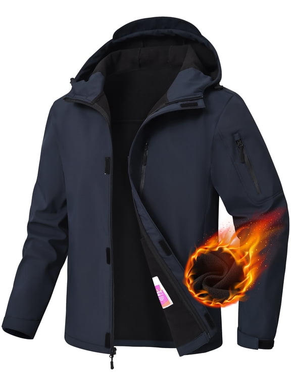 Men's Hooded Softshell Jacket Fleece Lined Waterproof Hooded Soft Lightweight Windbreaker Shell Jacket Outdoor Hiking Rain Jacket Navy-S