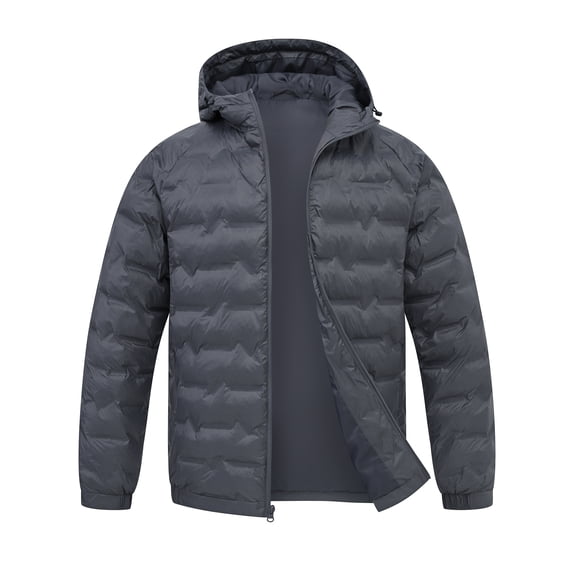 Muvtei Men's Puffer Jacket Hooded Windproof Full Zip Casual Coat Warm Water Resistant Jacket Lightweight Winter Outerwear Grey-L