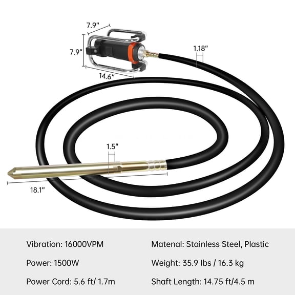 Muweixin 1500W 16000VPM Electric Concrete Vibrator, 14.75FT Stainless Steel Vibrating Shaft, Portable Handheld Concrete Needle Vibrator for Construction, Concrete Pouring, Repair Work