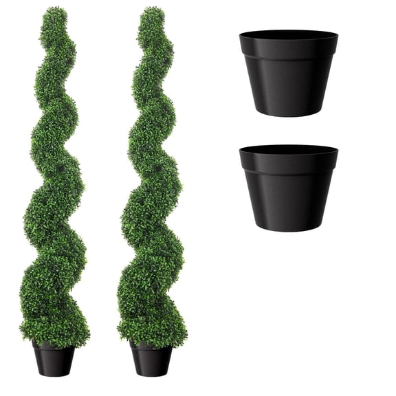 Muweixin 2 Pack 5ft Artificial Boxwood Topiary Trees, Realistic Faux Evergreen Shrubs, UV Protected PE Fake Trees with Plastic Pots for Home Porch Patio Garden Indoor Outdoor Decoration