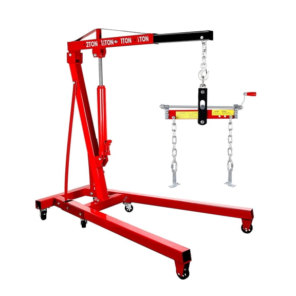 Muweixin 2 Ton Folding Engine Hoist, 4400 LBS Capacity Hydraulic Engine Crane with 1500 LBS Leveler, Red Heavy Duty Steel Shop Crane for Garage Engine Repair