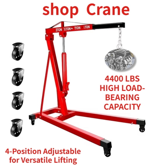 2 Ton Hydraulic Engine Hoist, 4400 LBS Heavy Duty Steel Shop Crane with 360° Swivel Casters, Adjustable Boom, Red Engine Lift for Car Repair, Garage