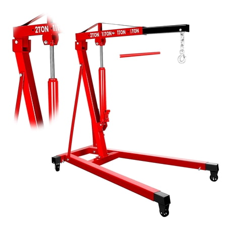 2 Ton Hydraulic Engine Hoist, 4400 LBS Red Shop Crane with Adjustable Boom & 360° Casters, Heavy Duty Non-Folding Engine Lift for Garage Auto Repair