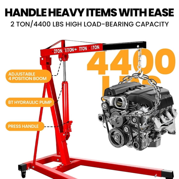 Muweixin 2 Ton Hydraulic Engine Hoist, 4400 LBS Red Shop Crane with Adjustable Boom & 360 Casters, Heavy Duty Non-Folding Engine Lift for Garage Auto Repair