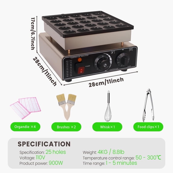 Muweixin 25PCS Non-stick Mini Pancake Baker, 110V 900W Electric Pancake Machine with Stainless Steel Body, Adjustable Temp, for Breakfast Party Camping