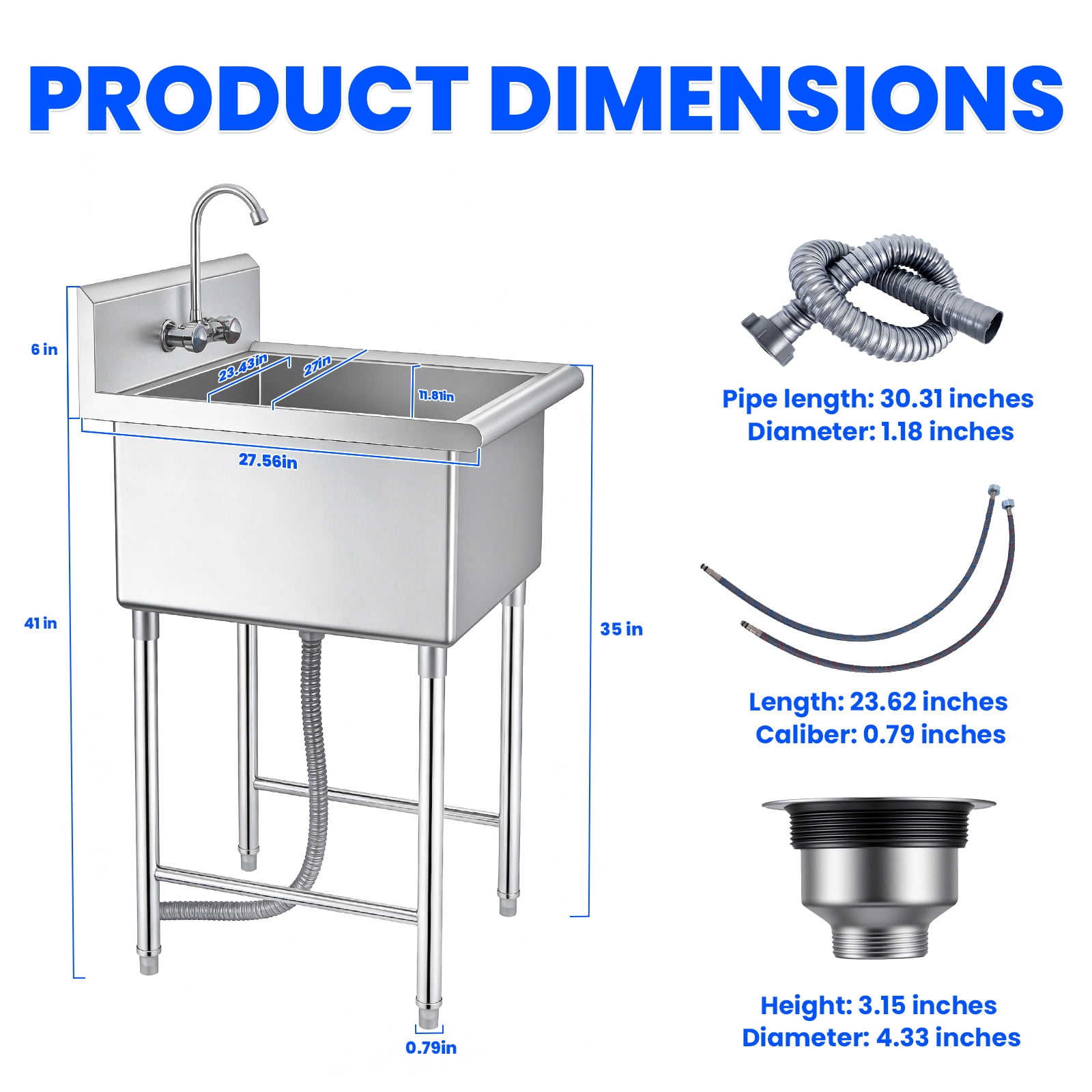 Muweixin 27" 304 Stainless Steel Freestanding Utility Sink with Backsplash, Deep Single Bowl Commercial Sink for Kitchen Restaurant Outdoor