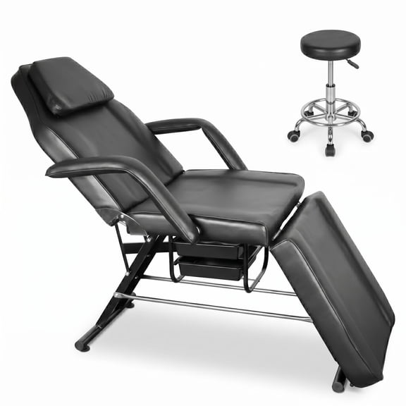 Muweixin 3-Position Adjustable Facial Bed, Black Ergonomic Tattoo Chair With Stool, Multi-Layer Foam Padding For Spa And Beauty