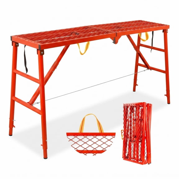 Muweixin 5-Gear Height Adjustable Red Steel Scaffold,Space Saving Carry Handle Folding Work Table,Anti Slip Mesh Outdoor Repair Stool for Indoor Decoration & Exterior Wall Work
