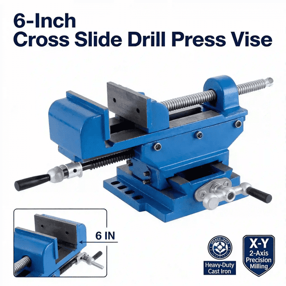 6 inch Bench Vise Cross Slide Drill Press Vise Drill Press Vice Cast Iron Heavy Duty Blue 2-Axis Precision Adjustable for Milling Drilling Woodworking