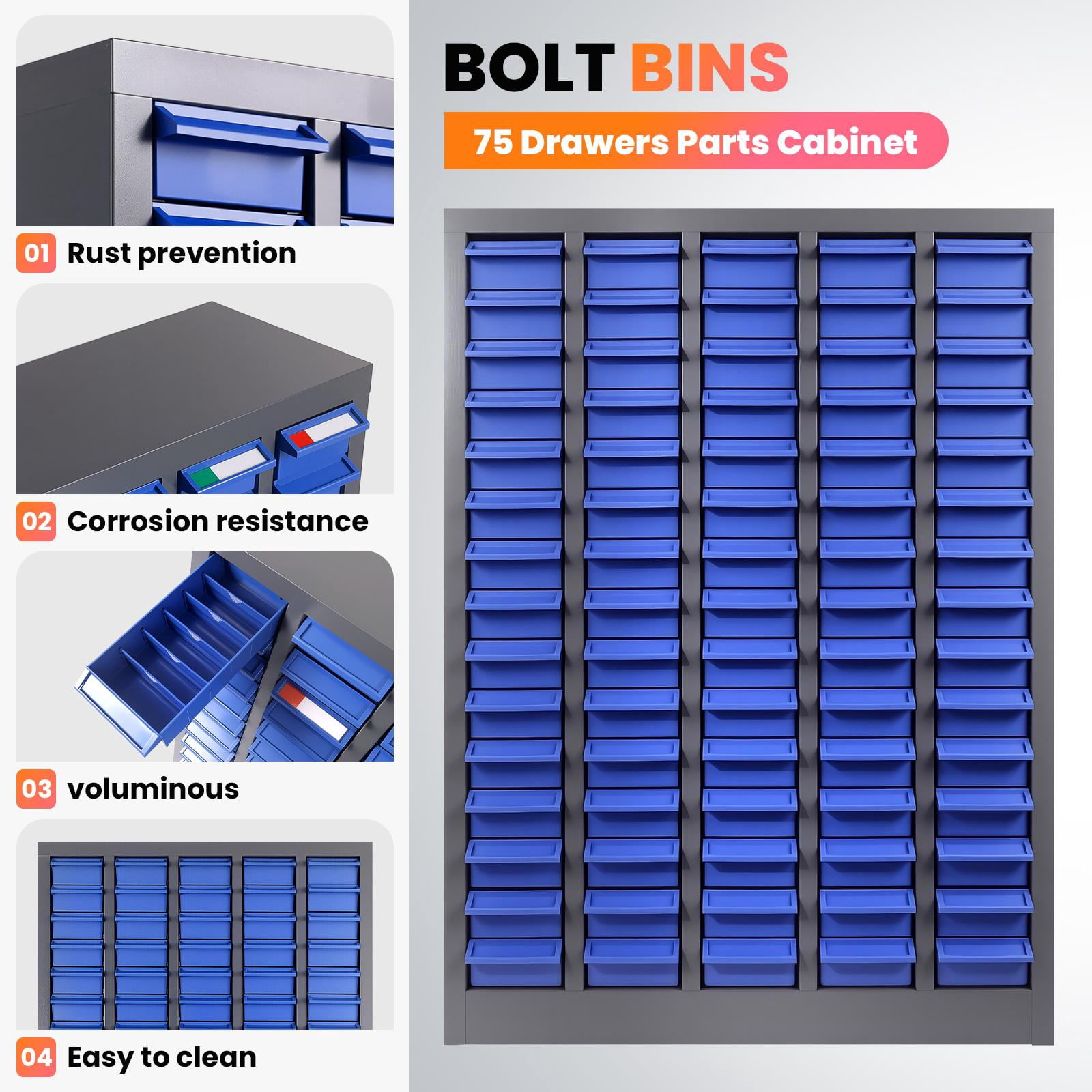 Muweixin 75 Drawers Metal Parts Cabinet, Blue Bolt Bins Parts Organizer ...