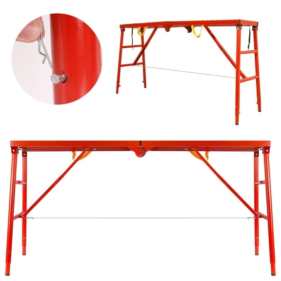 Muweixin 770LBS Heavy Duty 5-Level Adjustable Folding Scaffold Platform, 65" Wide Steel Non-Slip Grid Work Platform, Red Portable Step Ladder Bench for Painting, Drywall & Car Washing
