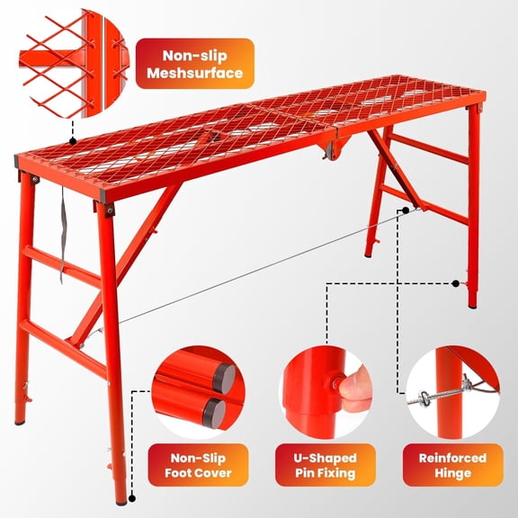 Muweixin Adjustable Height Folding Scaffold Platform, 1200LBS Heavy Duty Steel Non-Slip Workbench, 65" Wide Portable Red Step Ladder Scaffolding for Home Improvement & Decorating