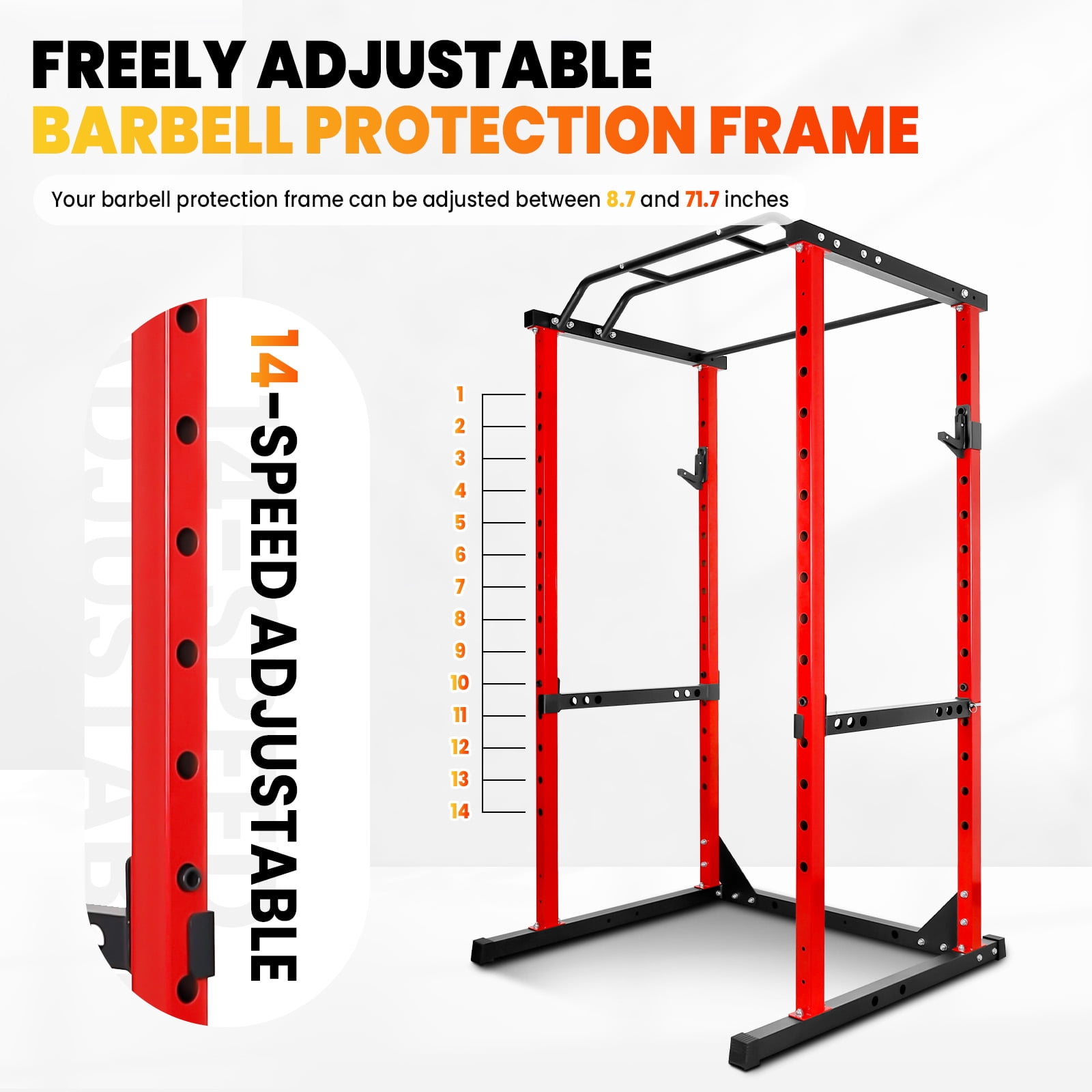 Muweixin All-in-One Red Power Cage Squat Rack, 14-Level Adjustable with Safety Bar for Bench Press, Home Gym Workout Station