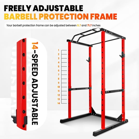 Muweixin All-in-One Red Power Cage Squat Rack, 14-Level Adjustable with Safety Bar for Bench Press, Home Gym Workout Station