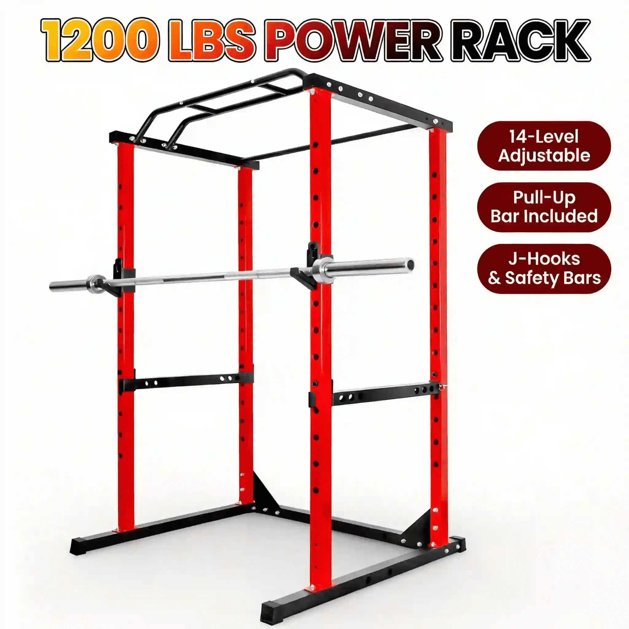 Muweixin Commercial Grade Power Cage Squat Rack, 0.07 inch Thick Steel Heavy Duty Squat Stand with Non-Slip Base, 14-Level Adjustable Safety Bars for Home Gym
